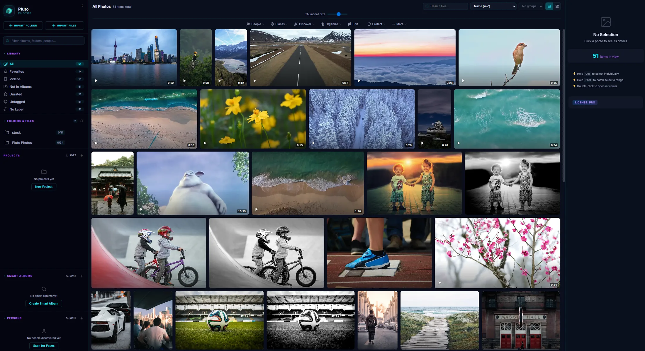 Pluto Photos — desktop photo organizer showing AI face detection, smart albums, and photo library interface