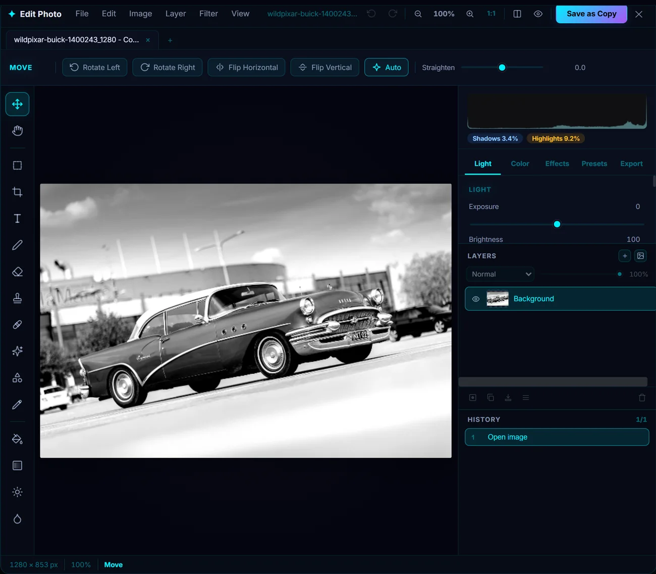 Pluto Photos image editor — Photoshop-style workspace with document tabs, tool rail, layers panel, and history
