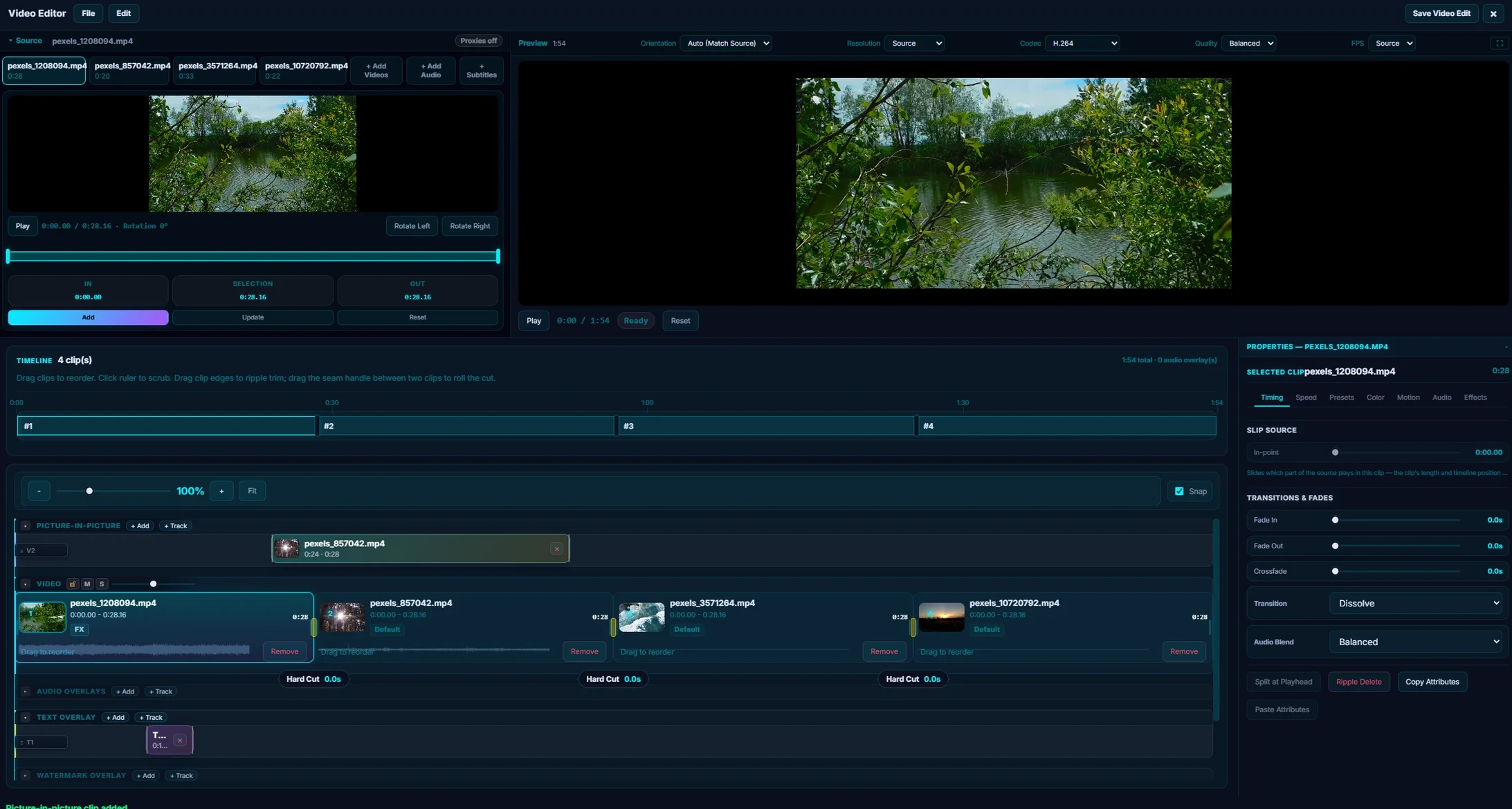 Pluto Photos video editor showing a multi-clip timeline, transitions, text and watermark overlays, and clip properties